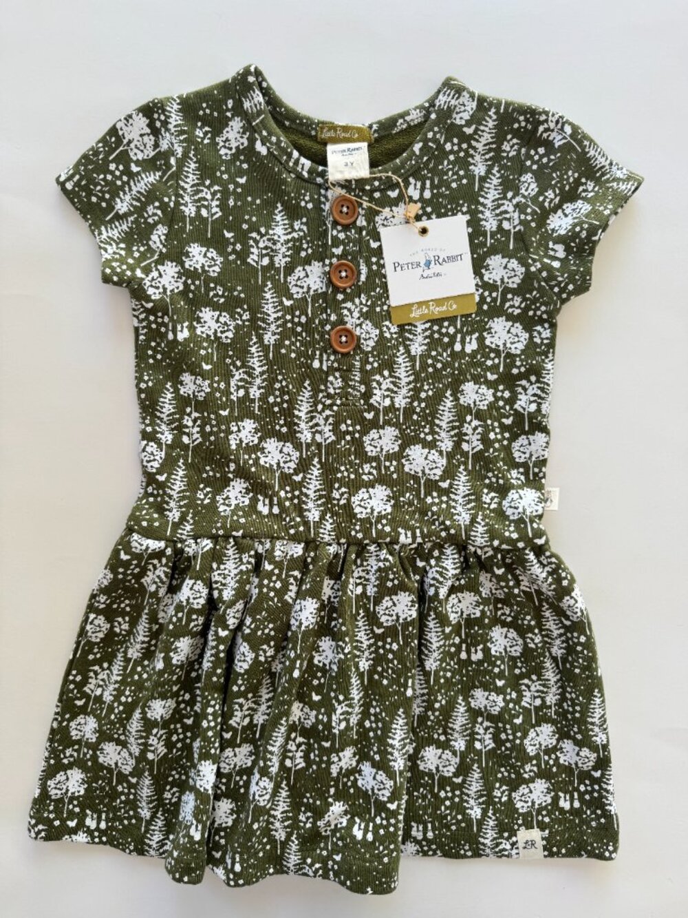 Little Road Co Peter Rabbit Girls Dress 3Y NWT Olive Forest Print Henley